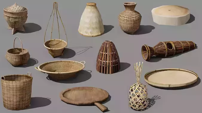 basketry Tools  and wooden tools Low-poly 3D model
