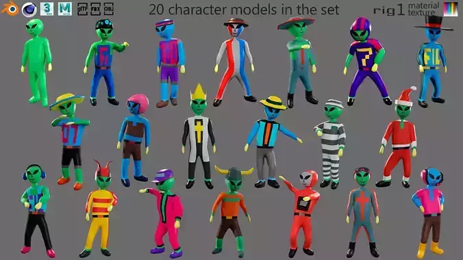 Cartoon characters aliens Low-poly 3D model