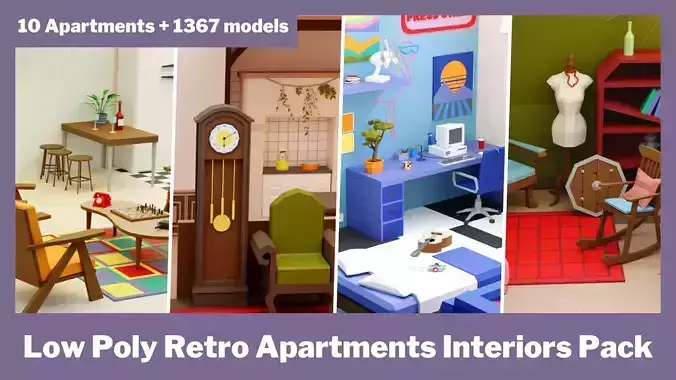 Low Poly Retro Apartments Interiors Pack Low-poly 3D model
