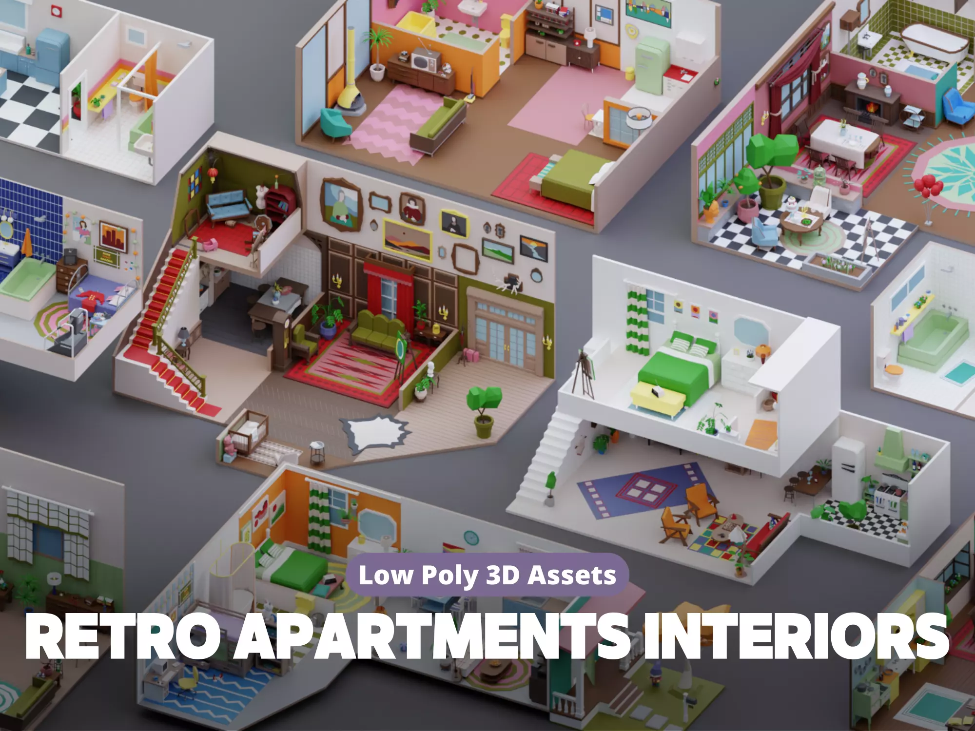 Low Poly Retro Apartments Interiors Pack Low-poly 3D model