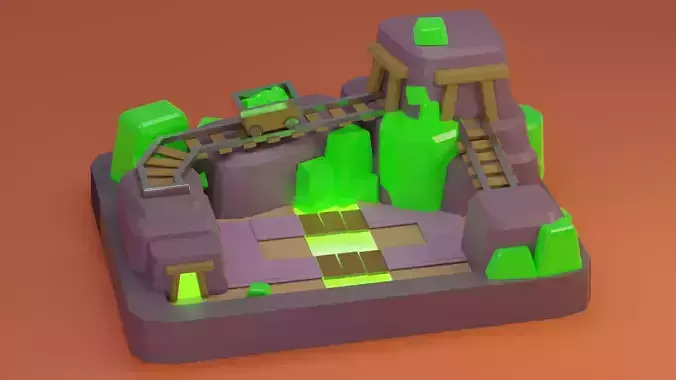 Mineshaft Low Poly 3d model train station with lights Free 3D model