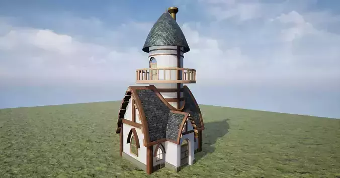 Medieval Fantasy 3D Model House with Tower and Balcony Low-poly 3D model