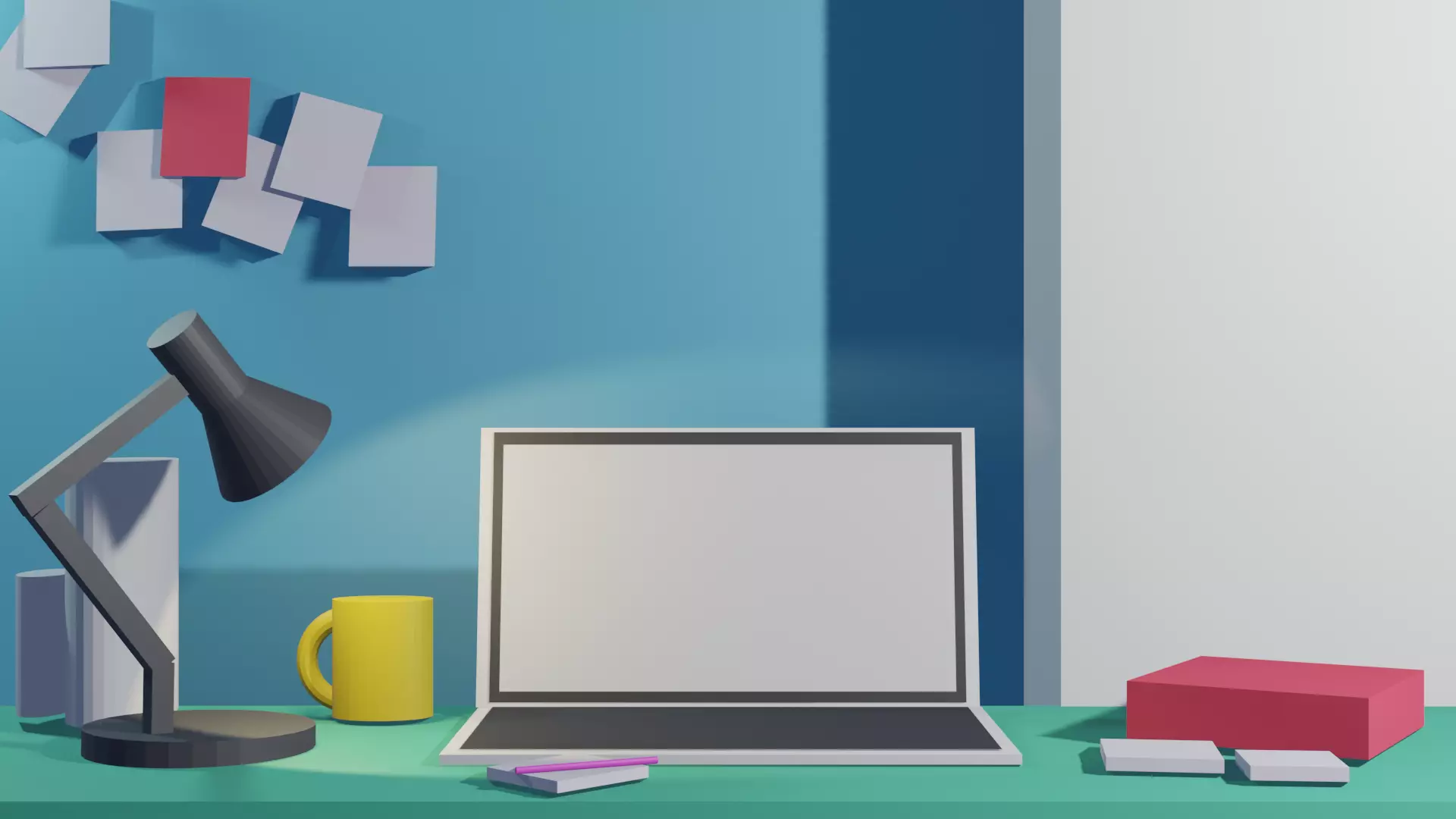 Desktop desk with laptop and lamp 3D model_0