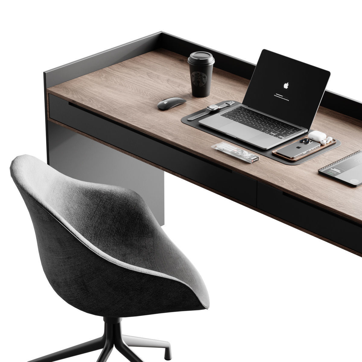 Workplace 5 office desk with laptop and chair 3D model_1