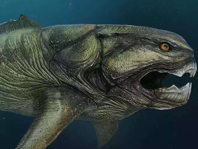 Dunkleosteus fish swimming in ocean