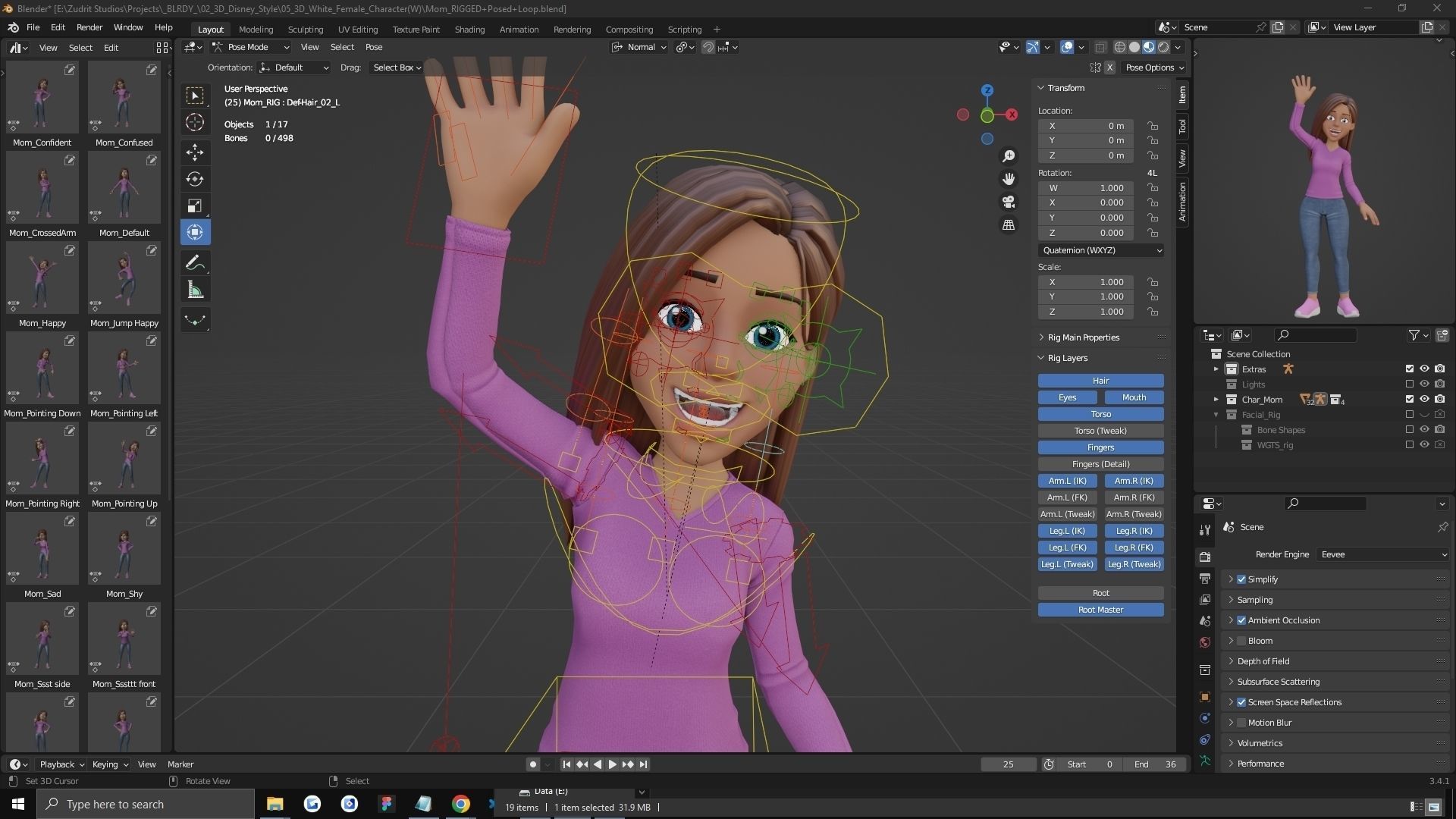 Cartoon Woman Rigged Low-poly 3D model_9