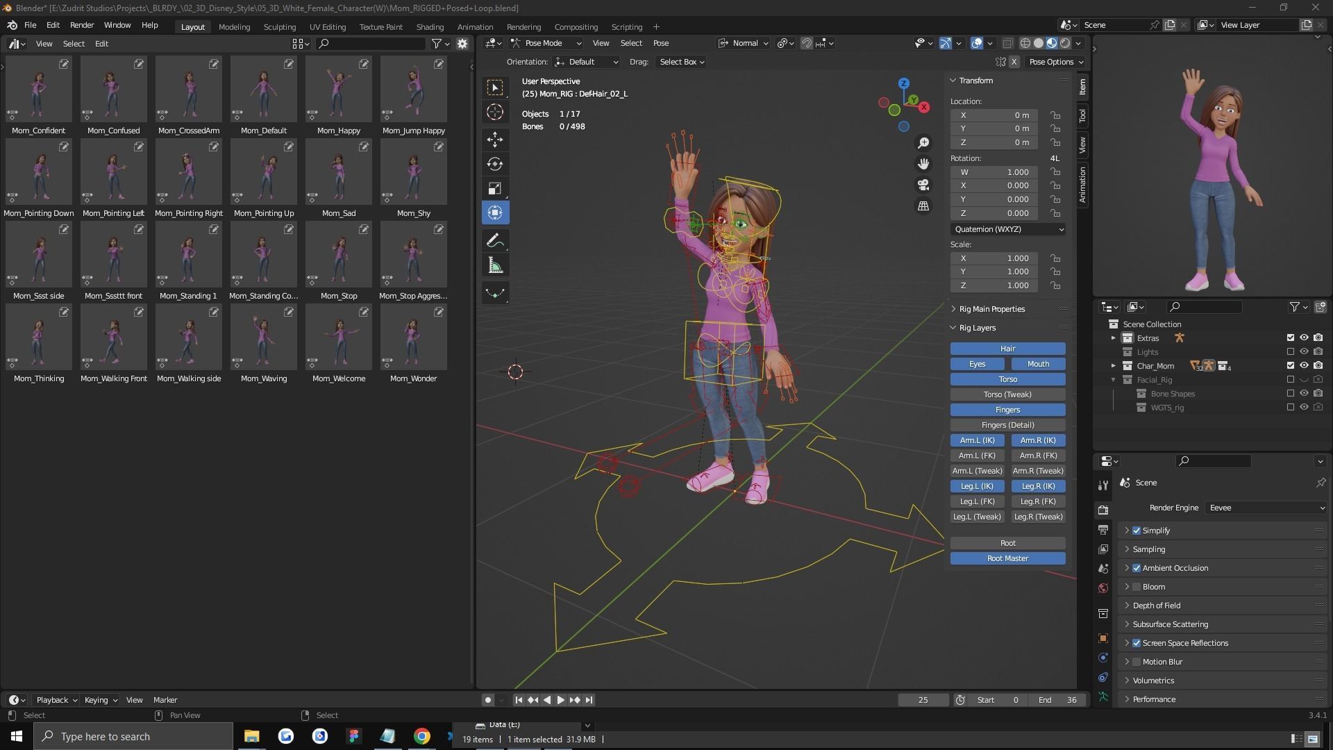 Cartoon Woman Rigged Low-poly 3D model_4