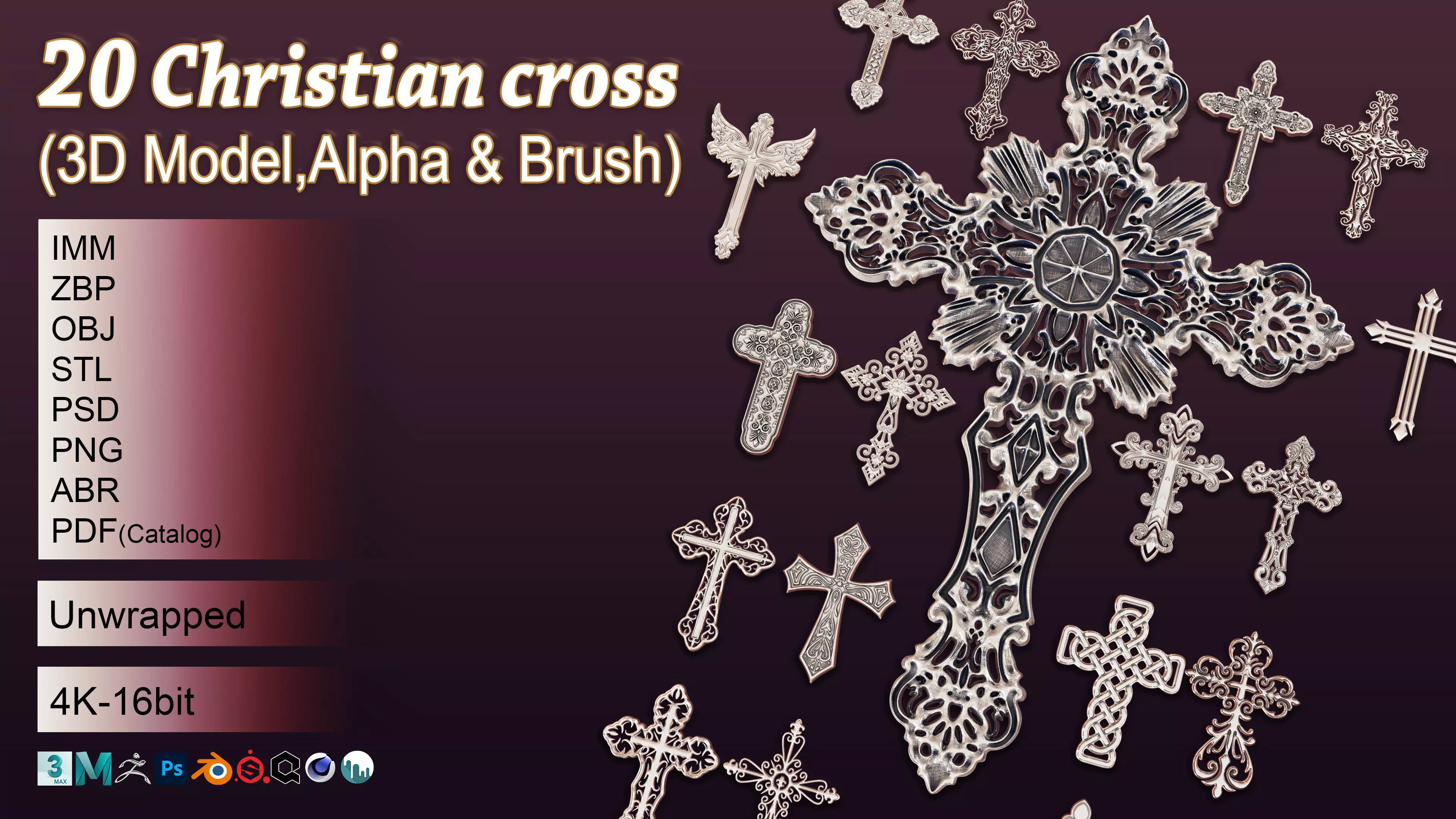 20 Christian cross 3D Model alpha and brush  3D model_0
