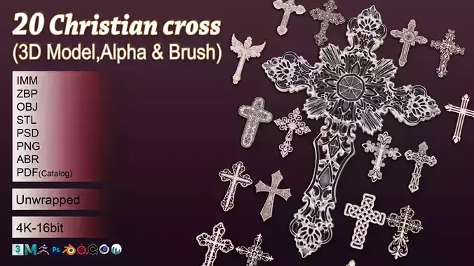 20 Christian cross 3D Model alpha and brush  3D model