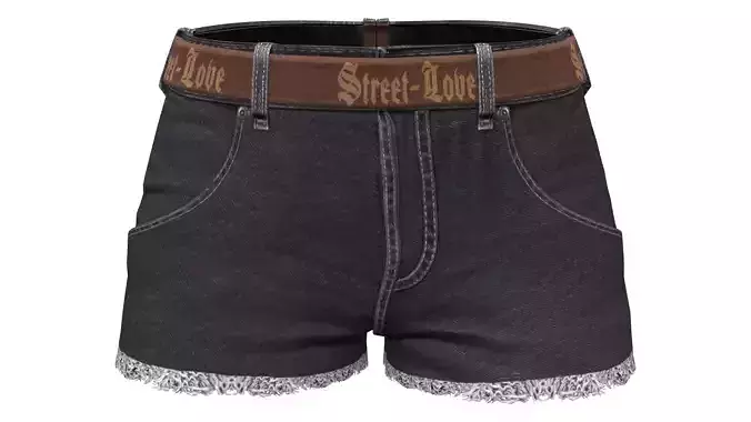 Black Torn Edges Mini Denim Shorts With Belt Low-poly 3D model