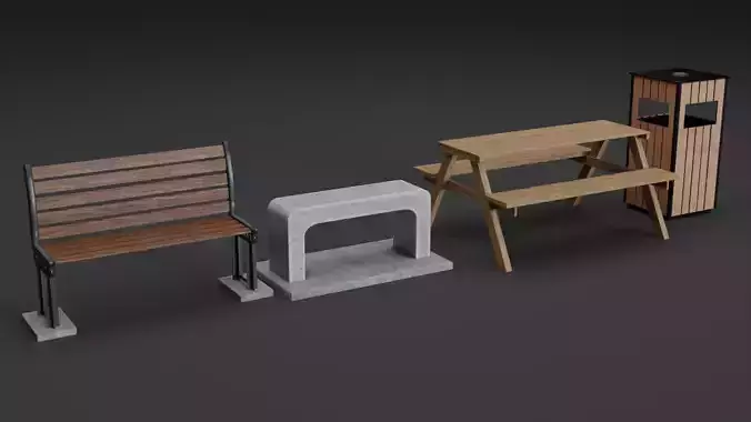 Outdoor Park Bench and Dustbin Low-poly 3D model