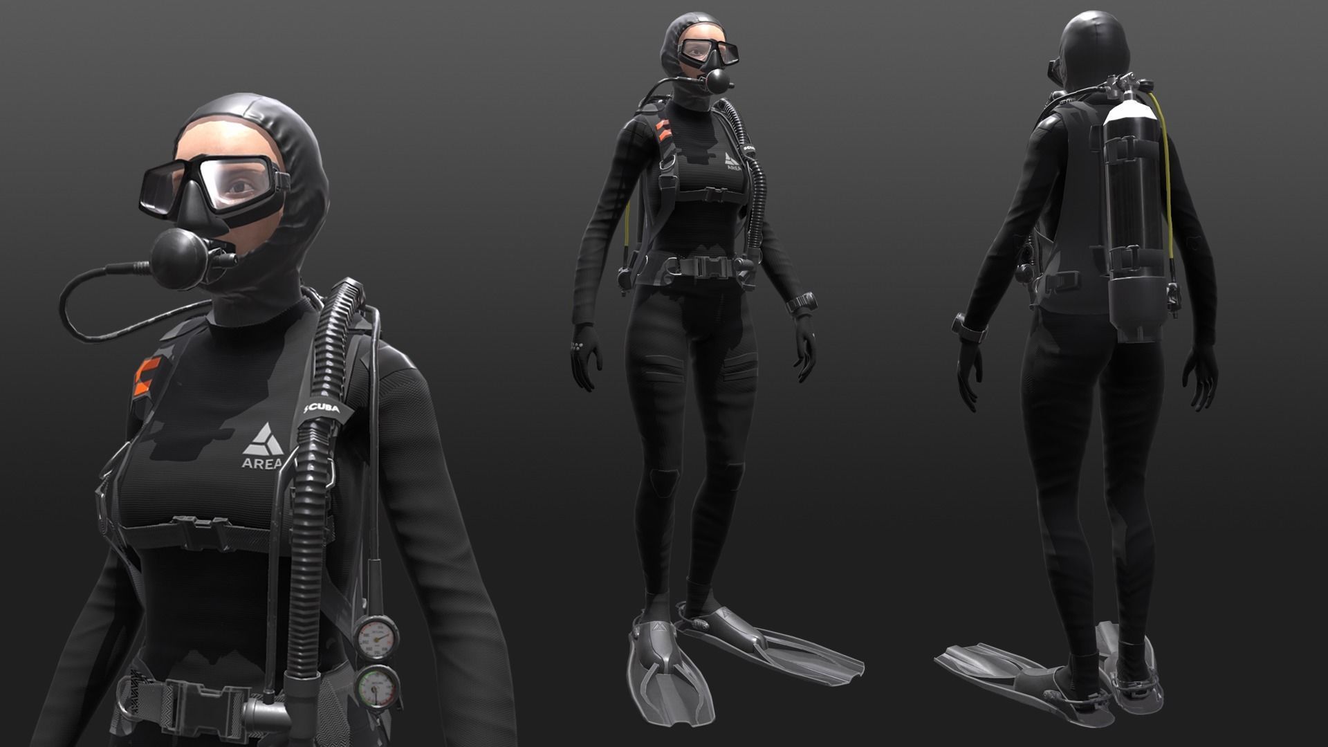 Scuba Diver Female - Diving Suit Low-poly 3D model_6