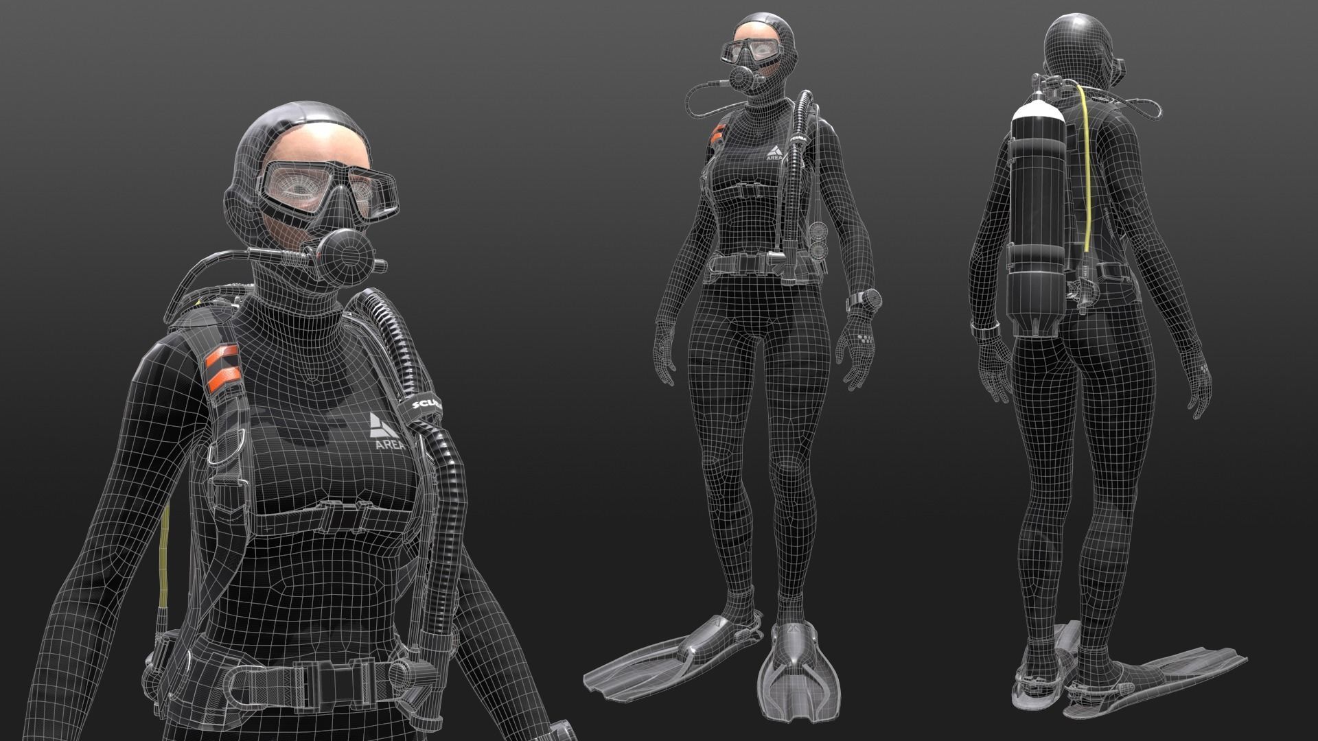 Scuba Diver Female - Diving Suit Low-poly 3D model_5