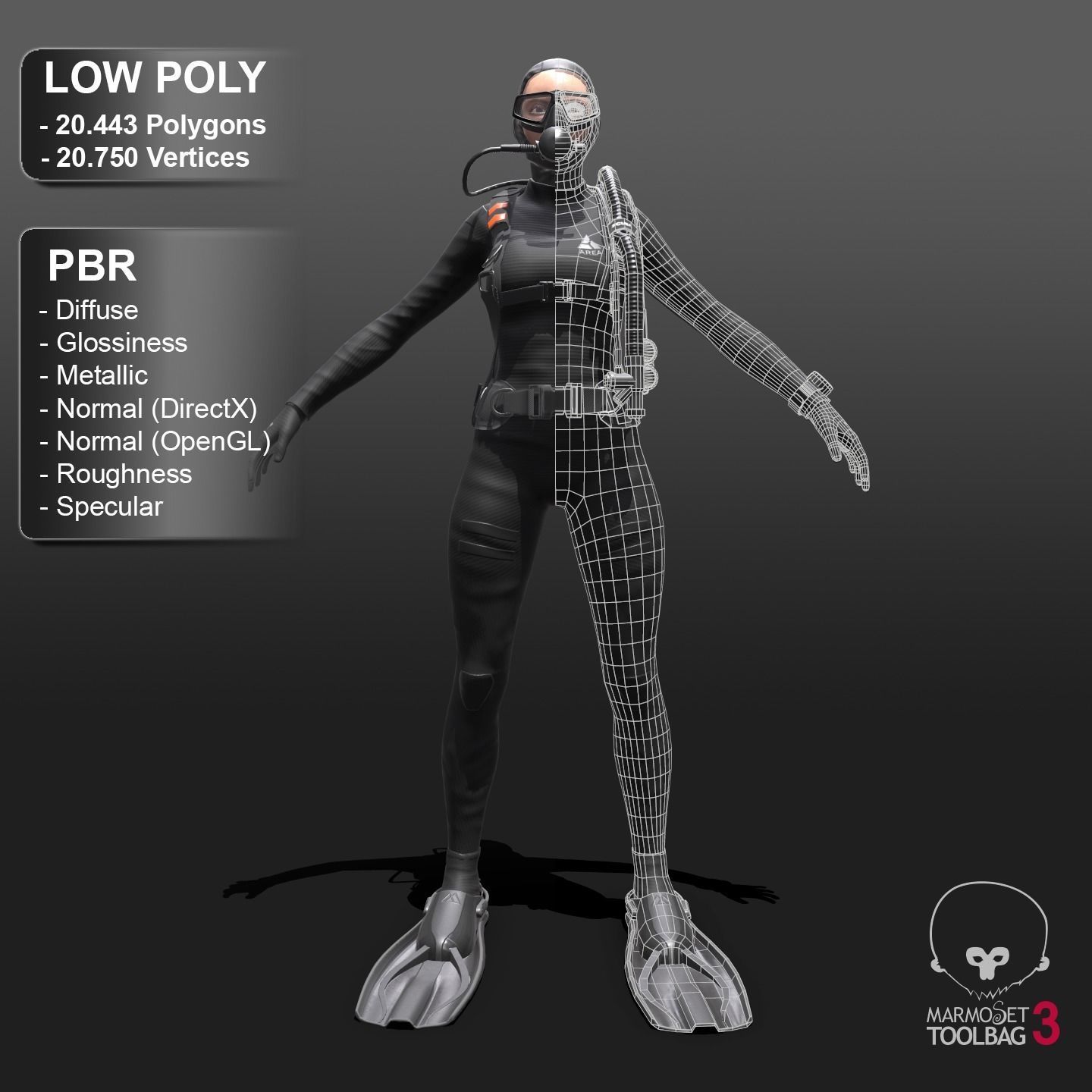 Scuba Diver Female - Diving Suit Low-poly 3D model_3