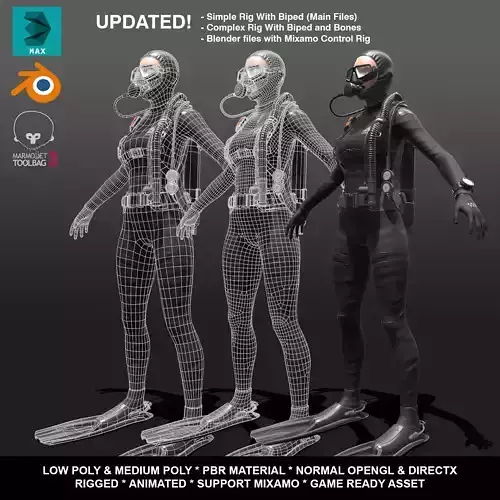 Scuba Diver Female - Diving Suit Low-poly 3D model