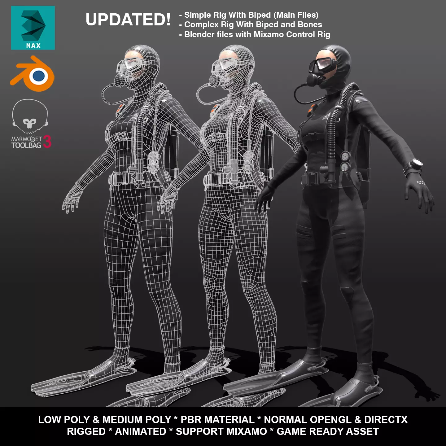 Scuba Diver Female - Diving Suit Low-poly 3D model_0