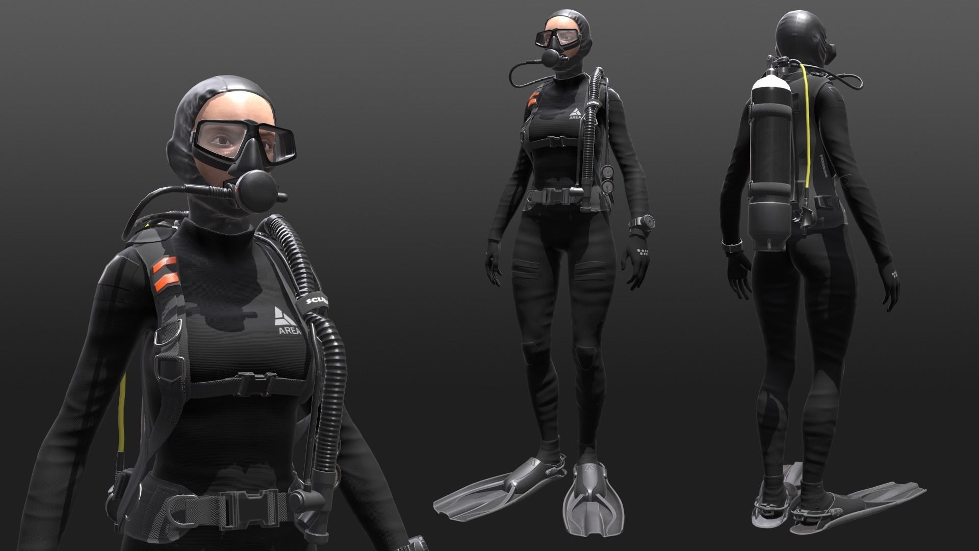 Scuba Diver Female - Diving Suit Low-poly 3D model_4
