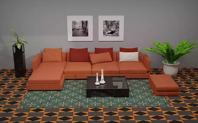 Sofa-02-3D living room with orange couch Free 3D model