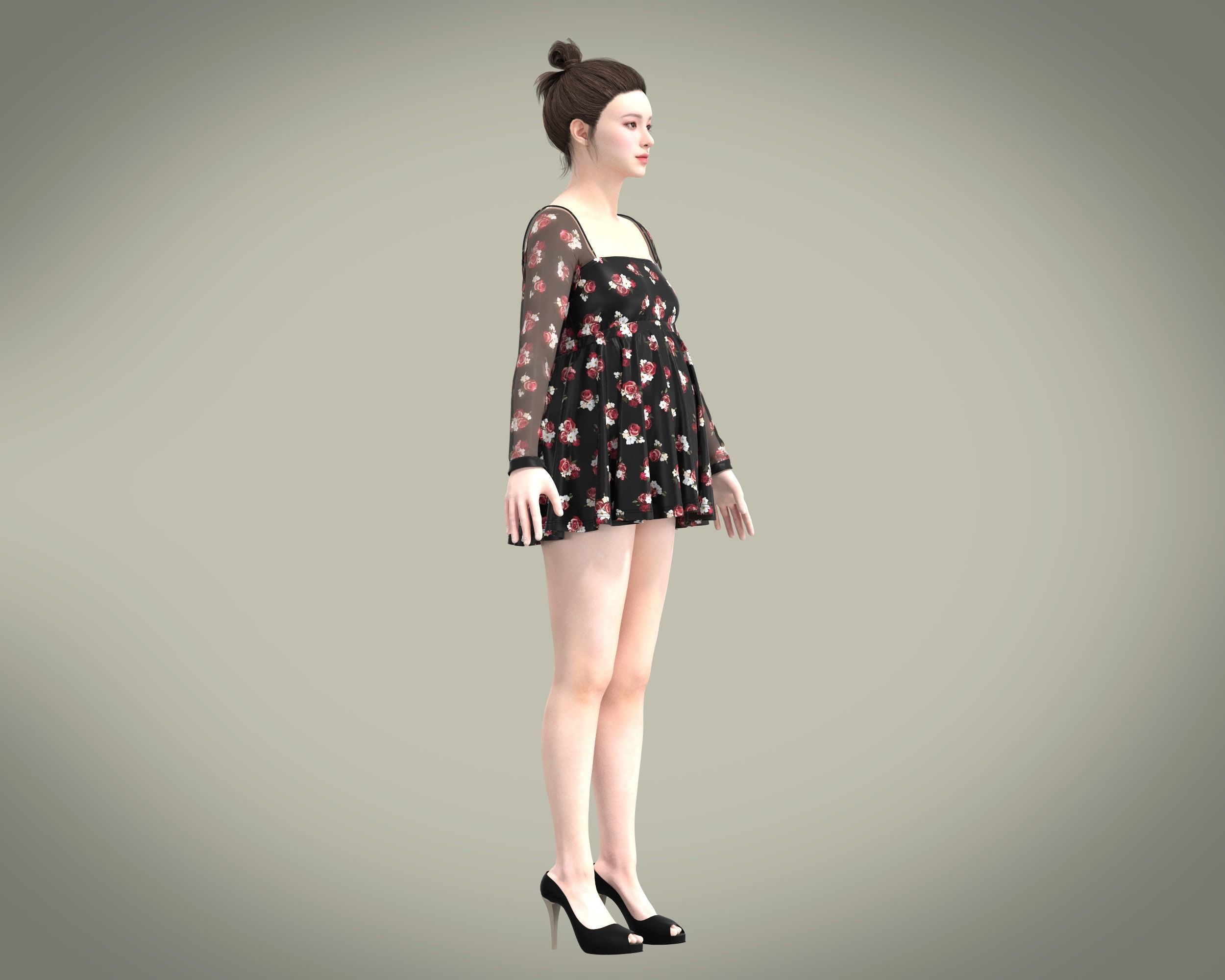 Ladies Maternity Mesh top with red floral Print 3D model_1