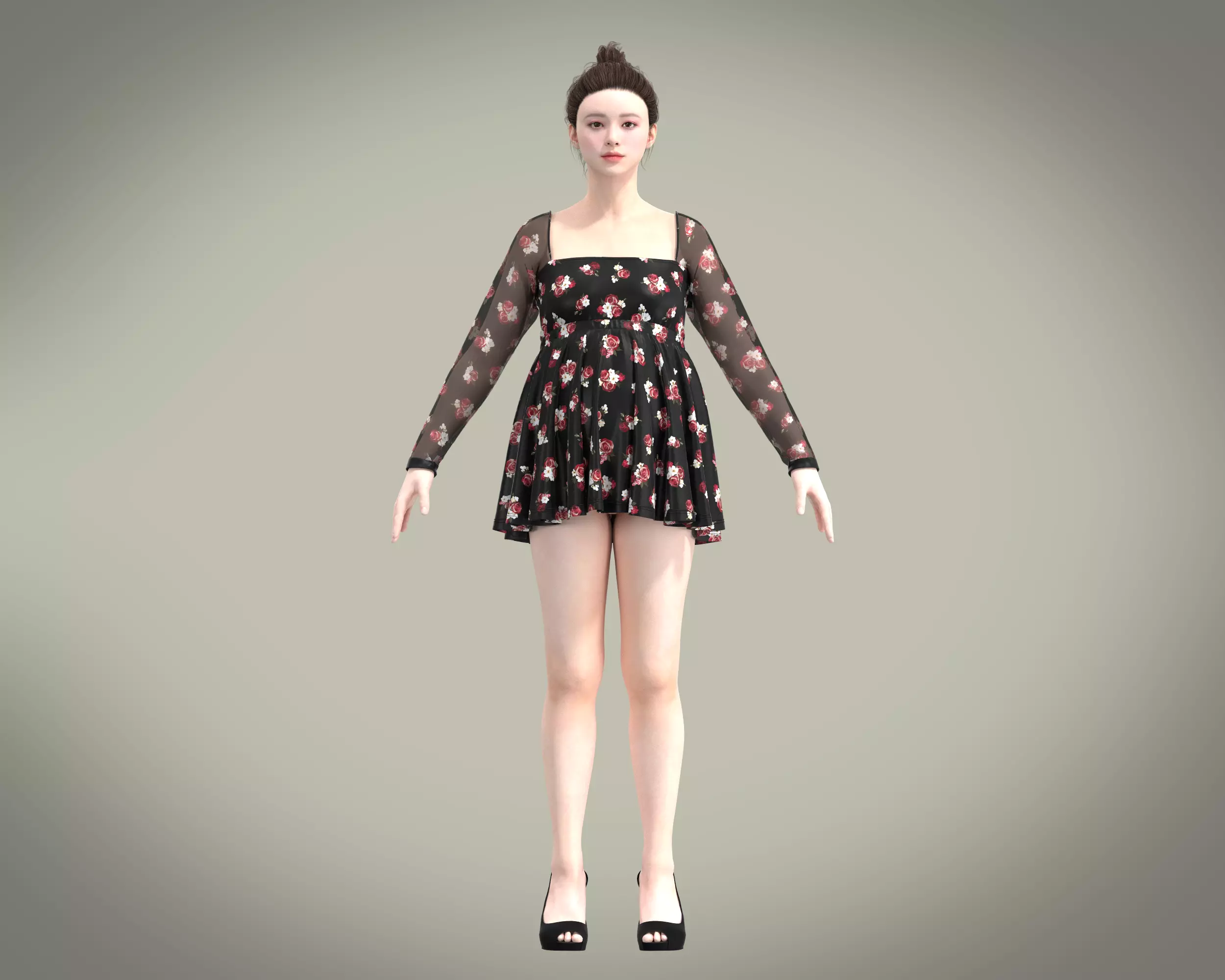 Ladies Maternity Mesh top with red floral Print 3D model_0