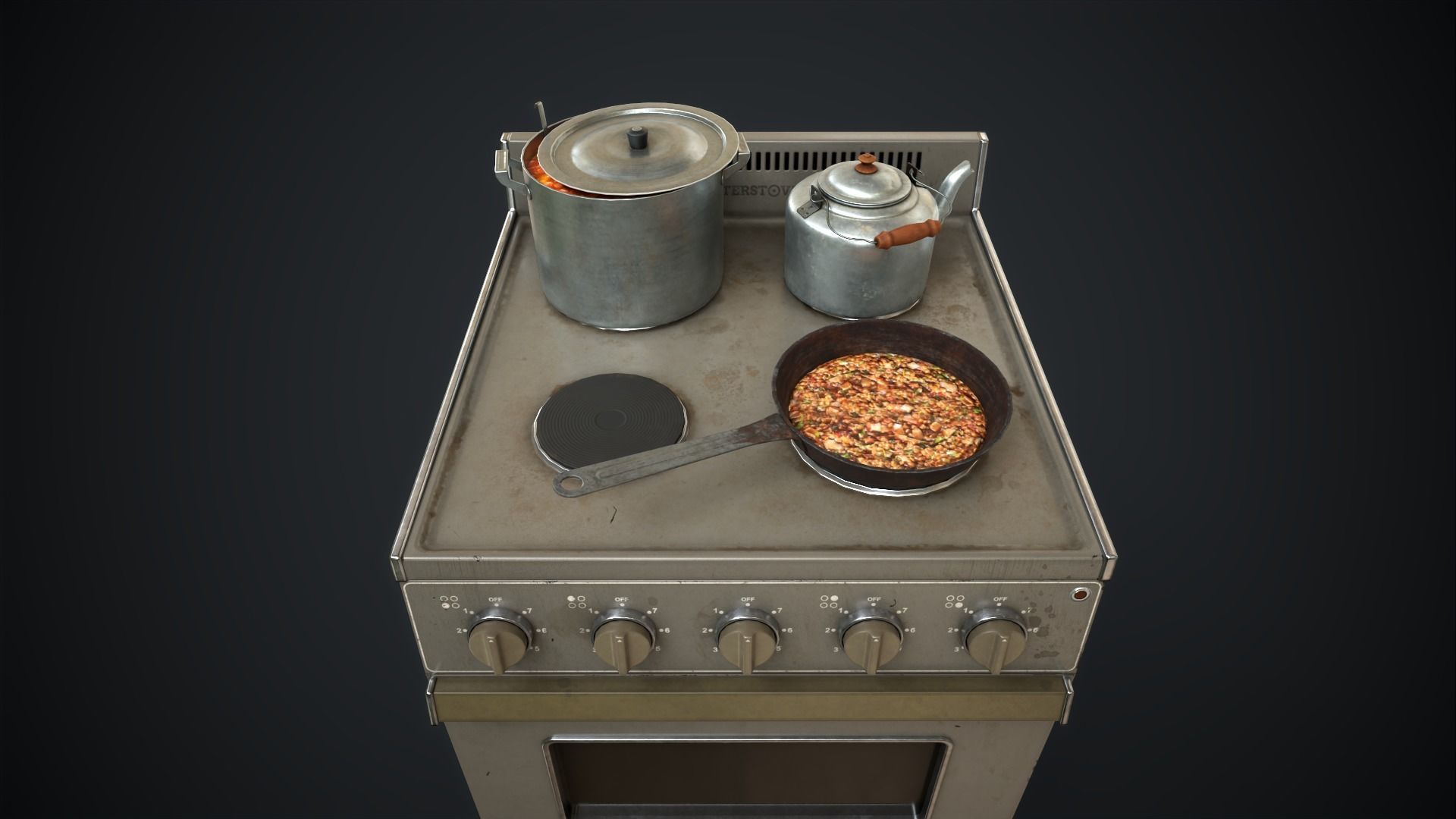Electric stove and utensils set Low-poly 3D model_1