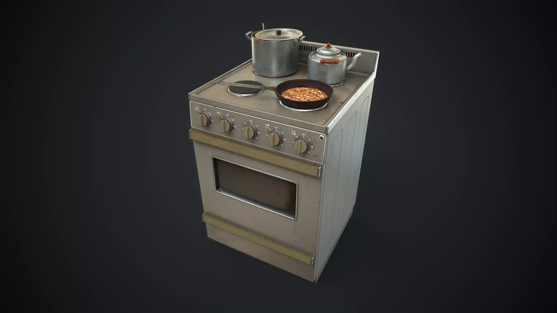Electric stove and utensils set Low-poly 3D model_0