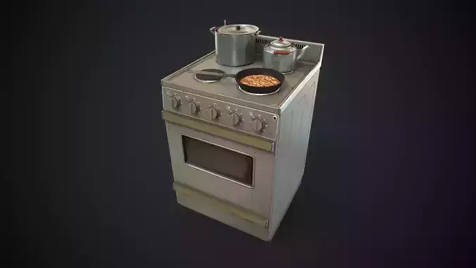 Electric stove and utensils set Low-poly 3D model