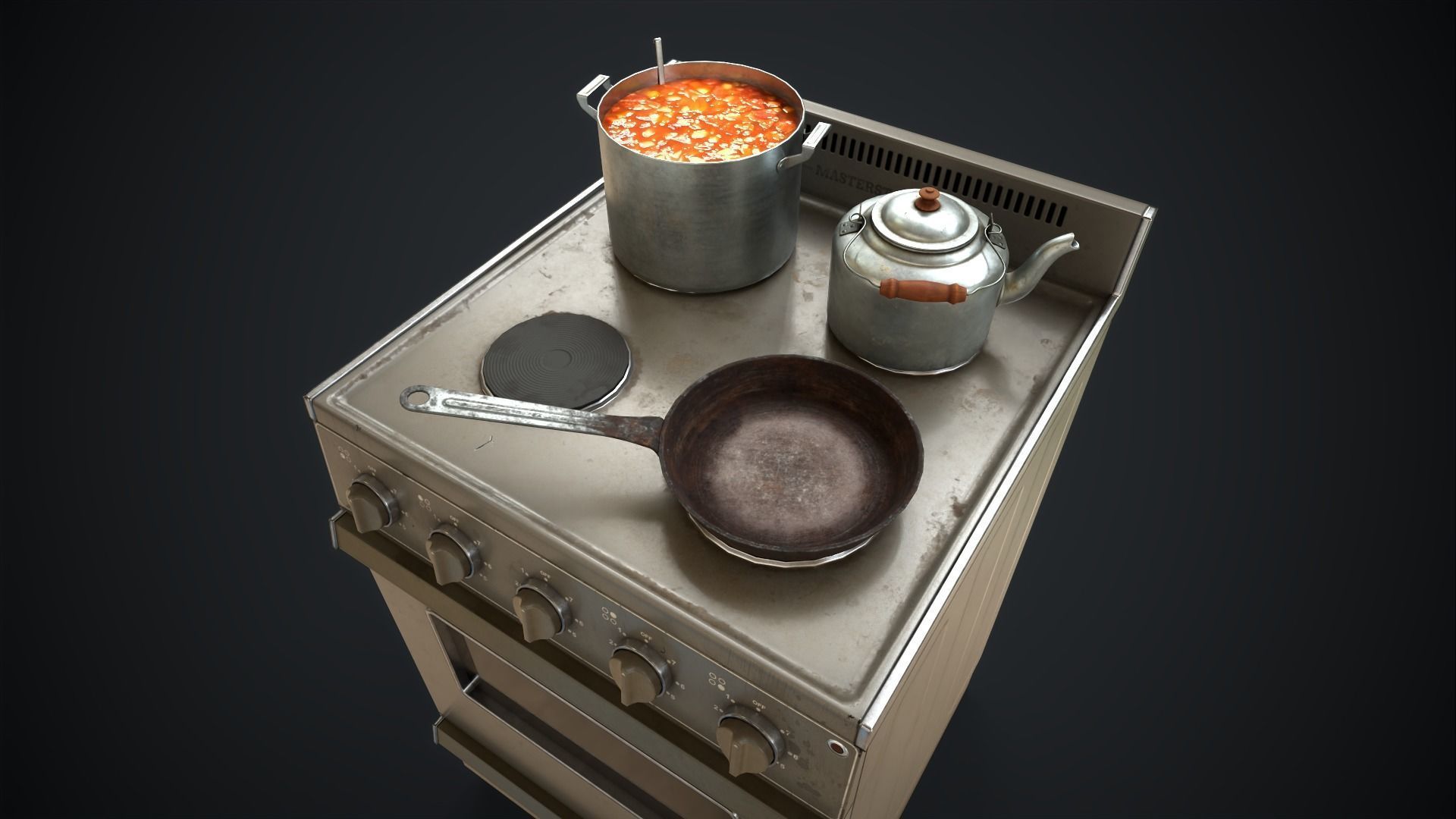 Electric stove and utensils set Low-poly 3D model_3
