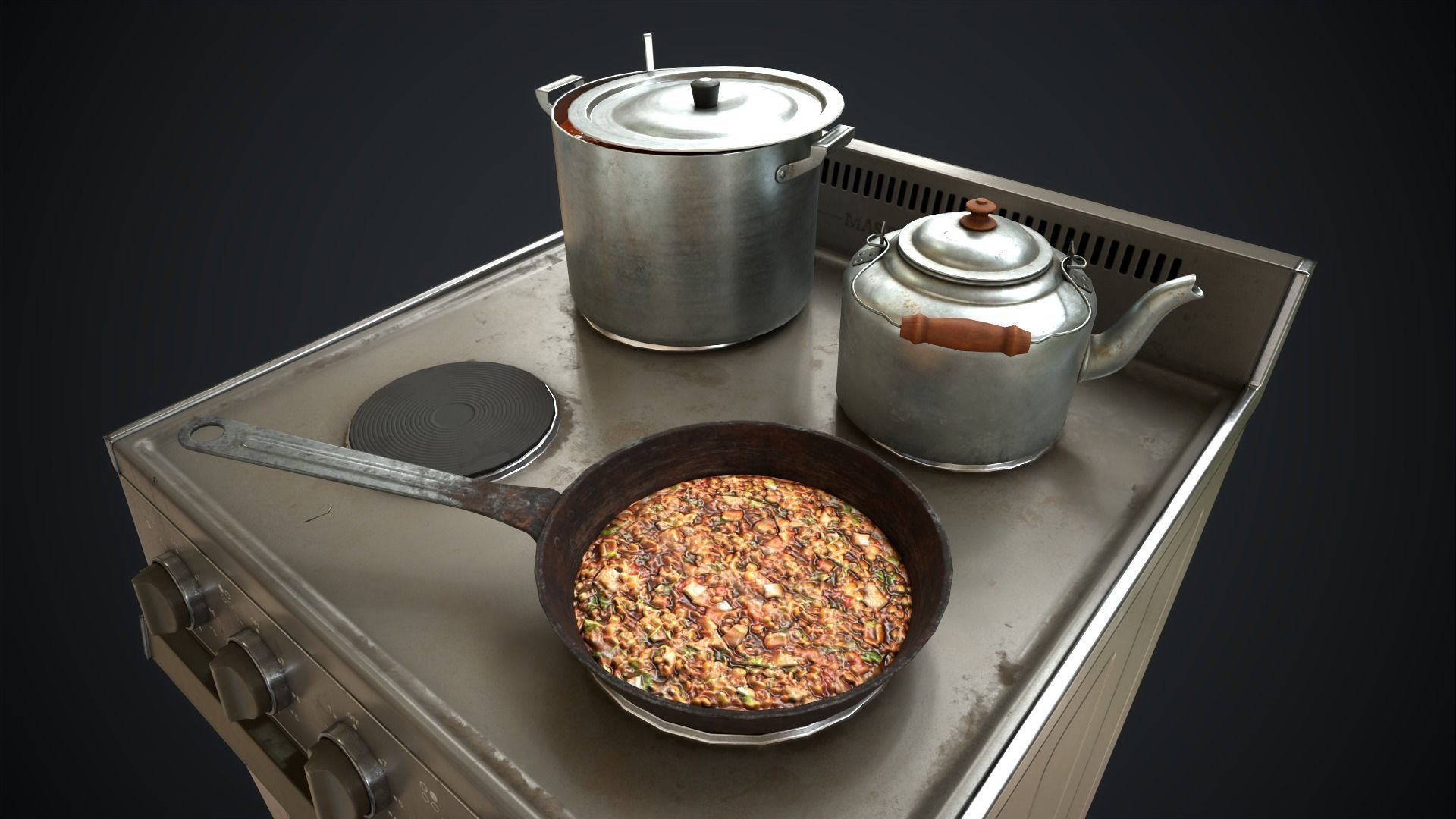 Electric stove and utensils set Low-poly 3D model_2