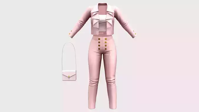 Pink Ruffled Front Jacket Top Pants Bag Outfit