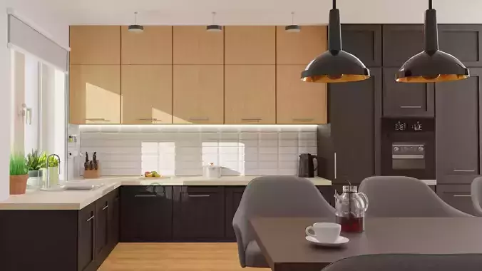 Kitchen modern with cabinets and wooden floors