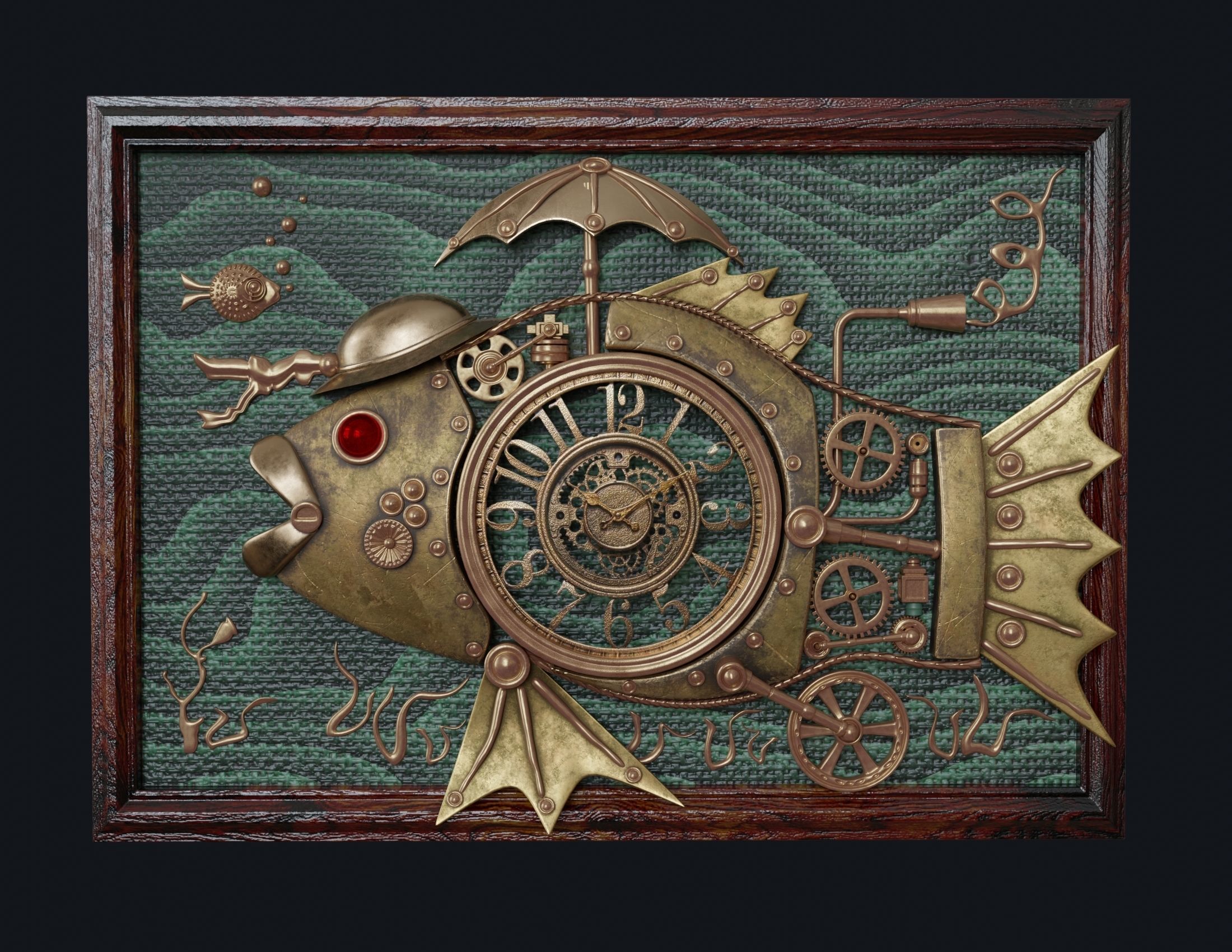 Basrelief in form of steampunk fish 3D model_1