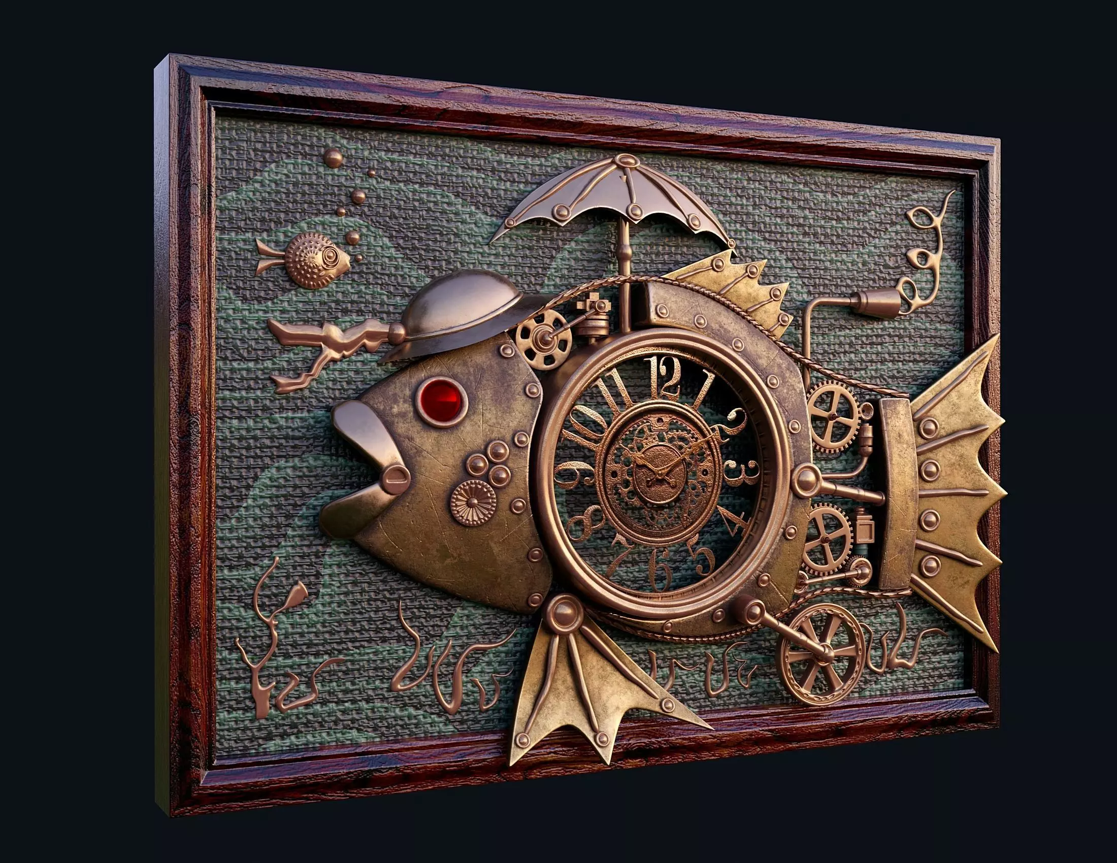 Basrelief in form of steampunk fish 3D model_0