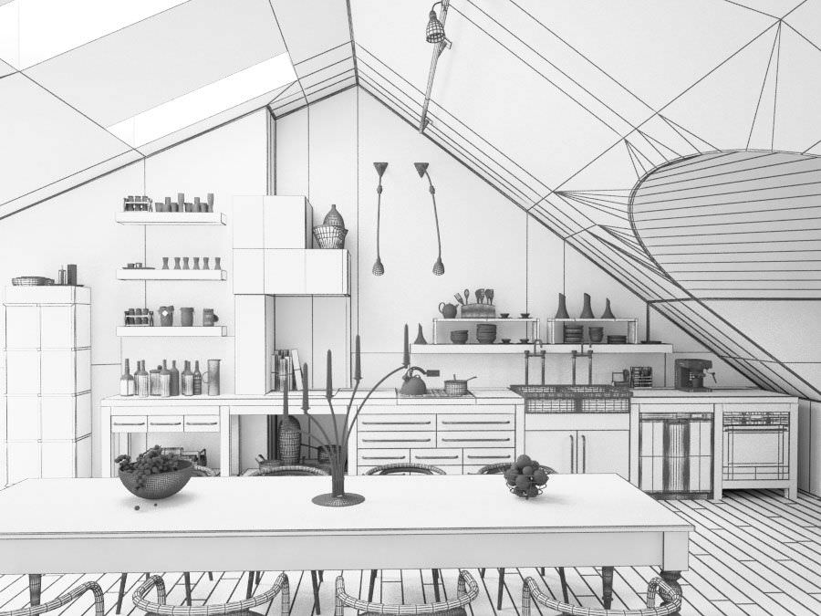 Spacious Modern Kitchen With Dining Table 3D model_5