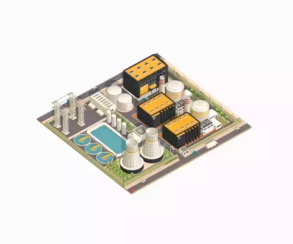 Isometric power station representing nuclear Low-poly 3D model