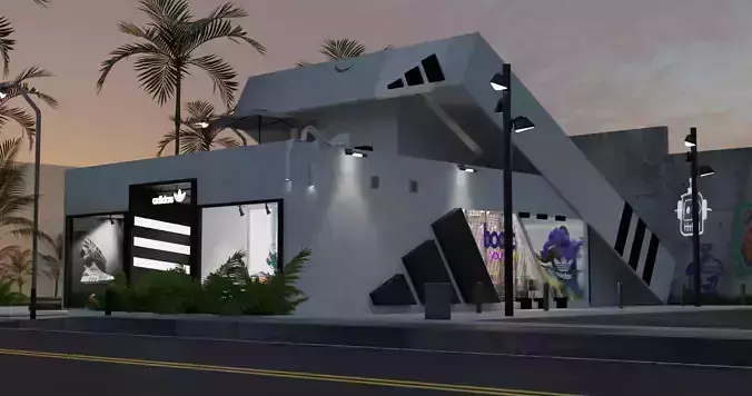 Adidas modern store with palm trees on street