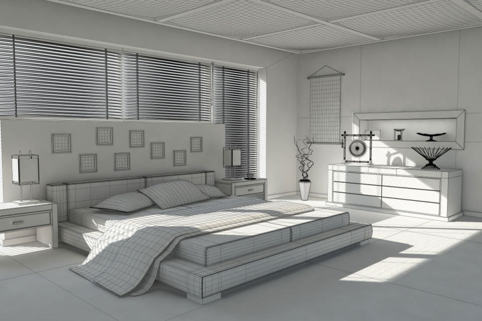 Chinese Style Bed Room With Red Details 3D model_1