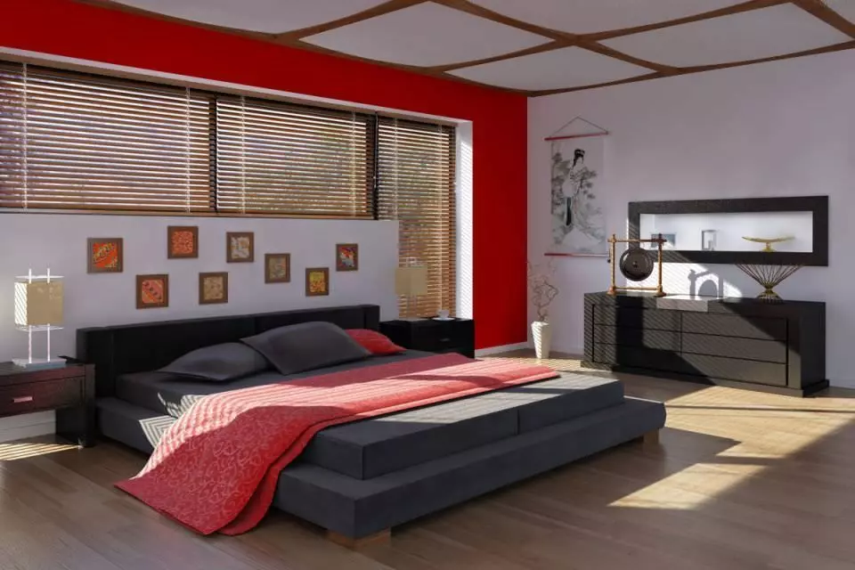 Chinese Style Bed Room With Red Details 3D model_0