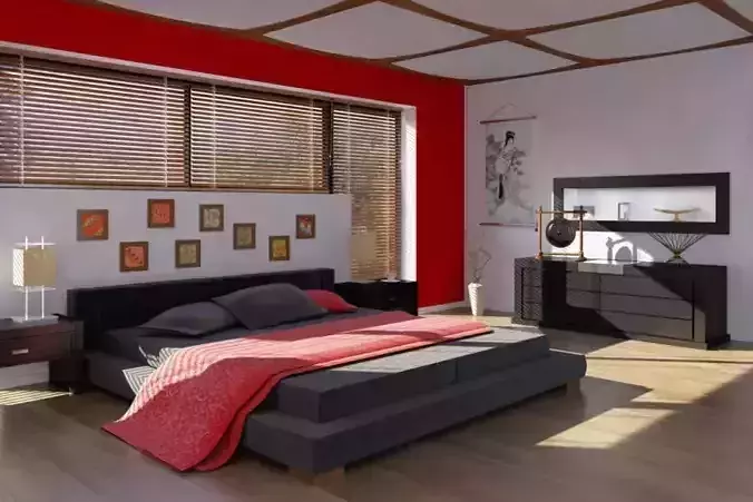 Chinese Style Bed Room With Red Details