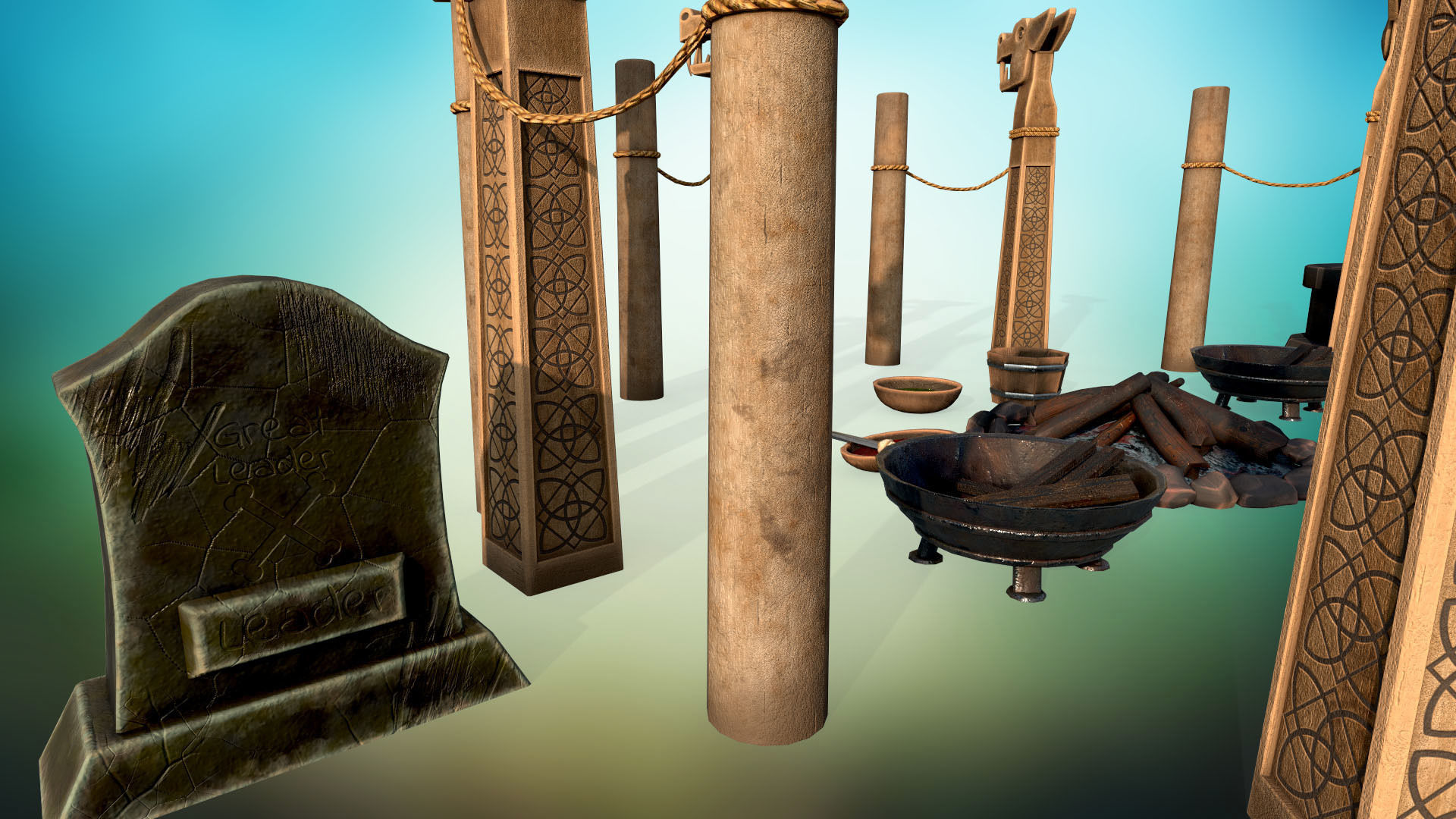 Stylized ritual altar columns bonfire grave sacrificial knife  Low-poly 3D model_4