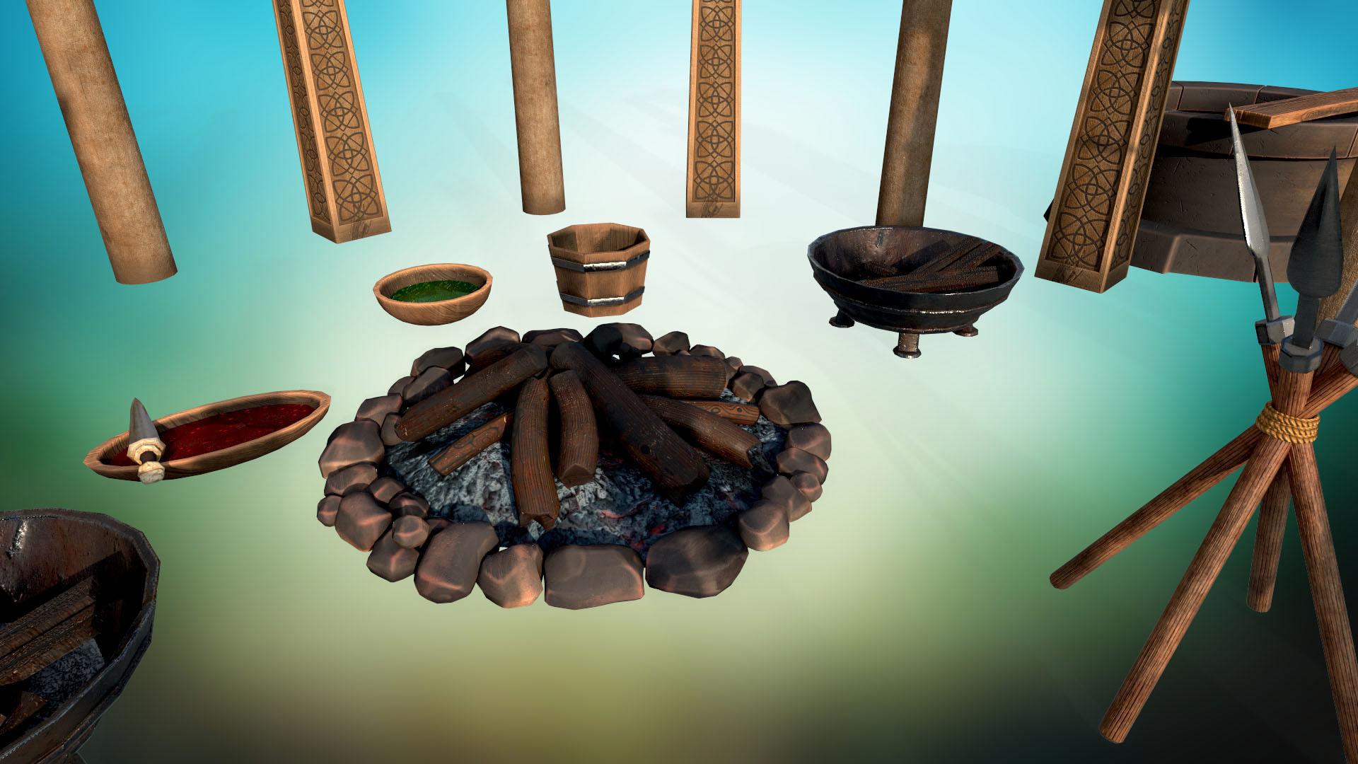 Stylized ritual altar columns bonfire grave sacrificial knife  Low-poly 3D model_3