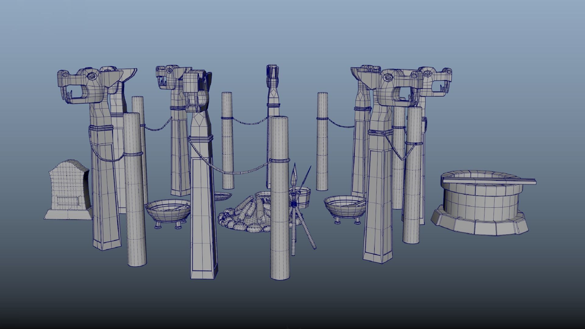 Stylized ritual altar columns bonfire grave sacrificial knife  Low-poly 3D model_7