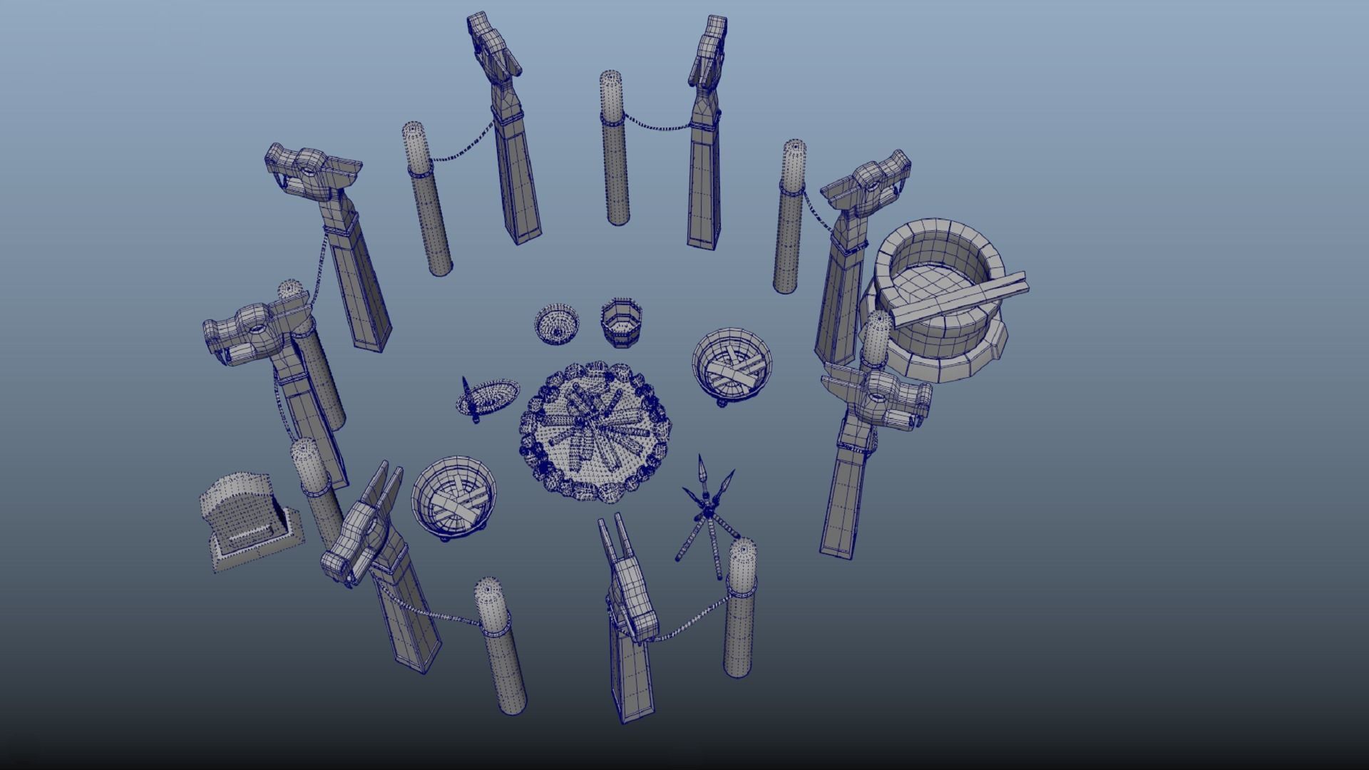 Stylized ritual altar columns bonfire grave sacrificial knife  Low-poly 3D model_6