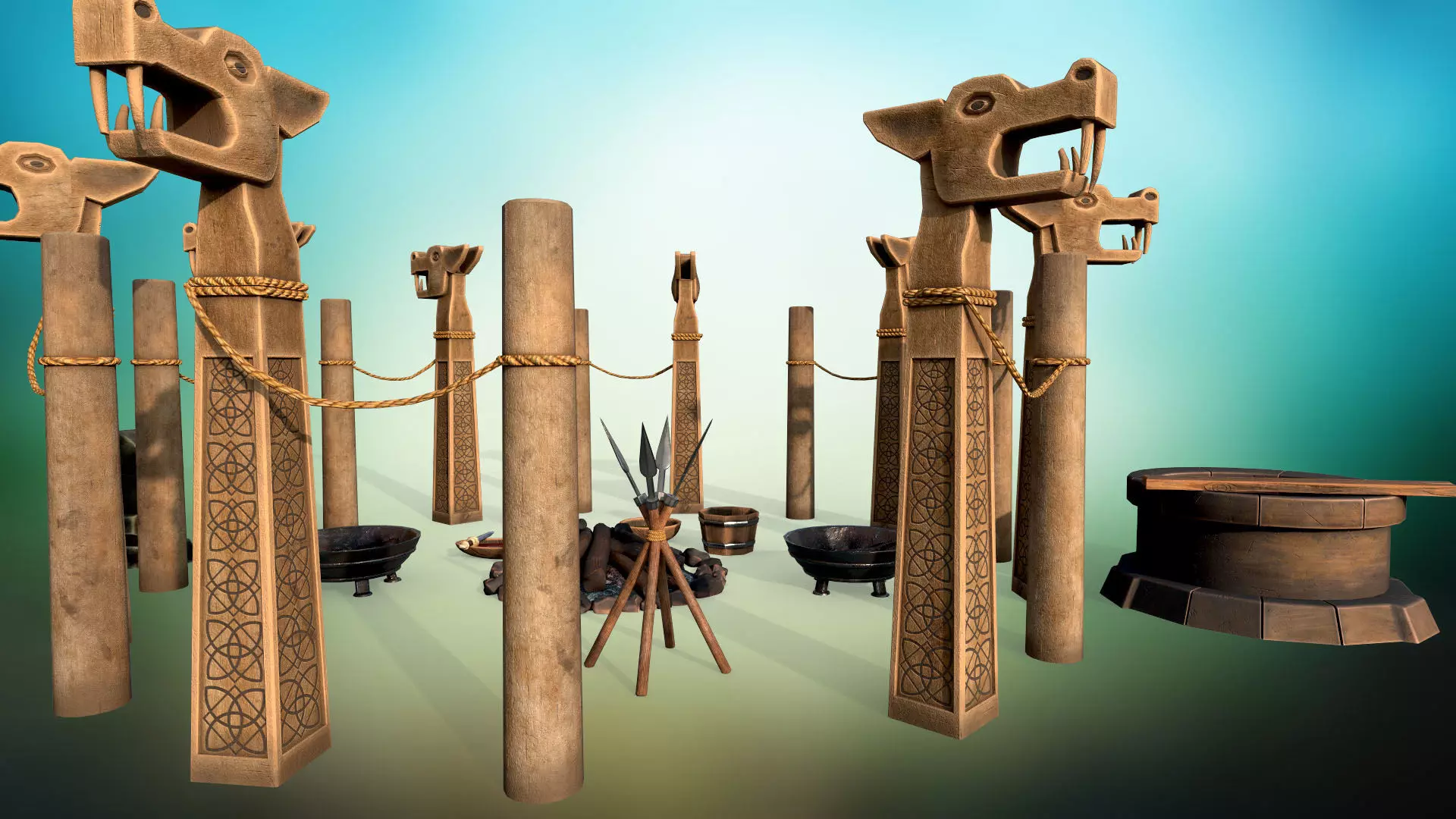 Stylized ritual altar columns bonfire grave sacrificial knife  Low-poly 3D model_0