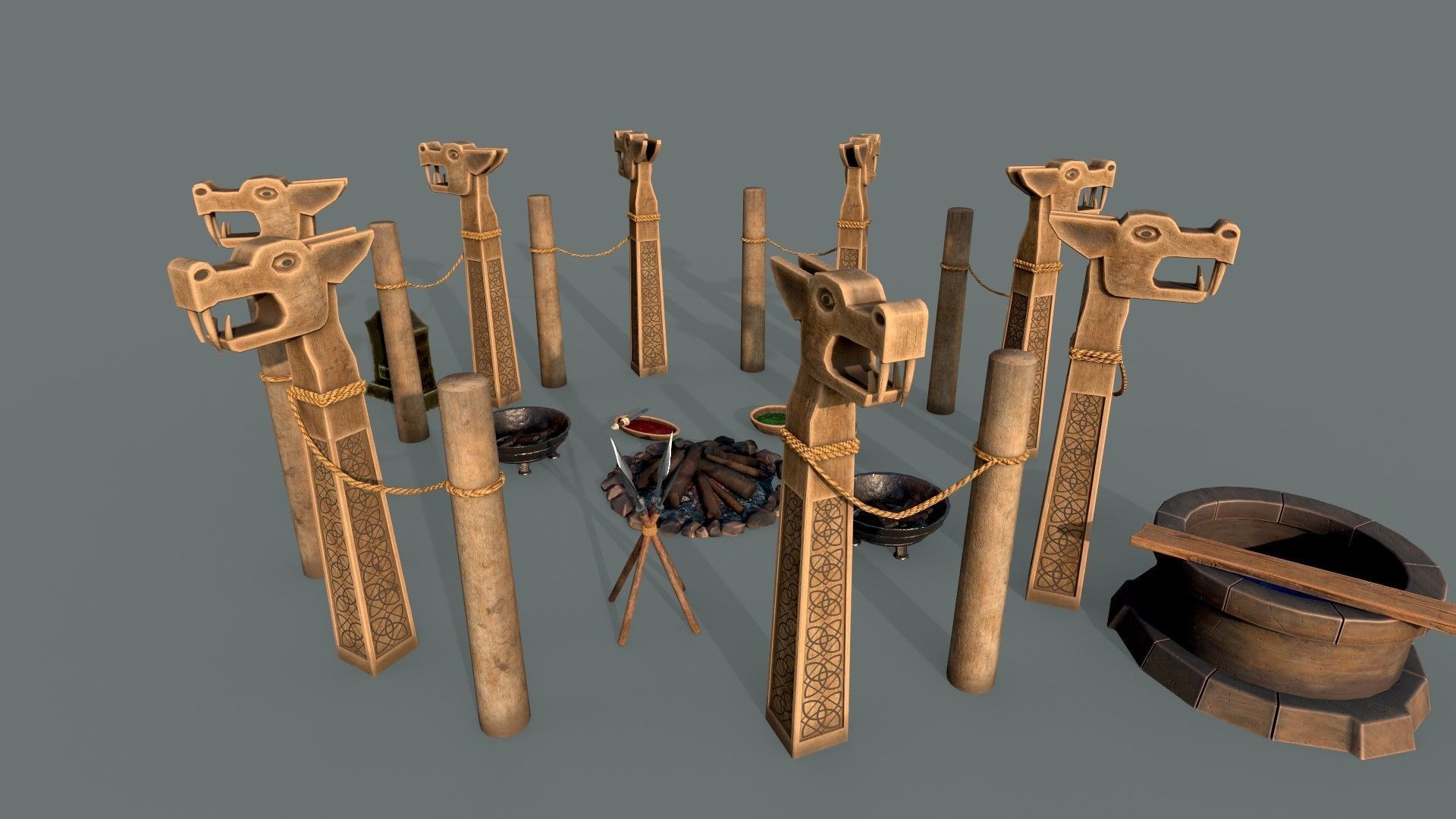 Stylized ritual altar columns bonfire grave sacrificial knife  Low-poly 3D model_5