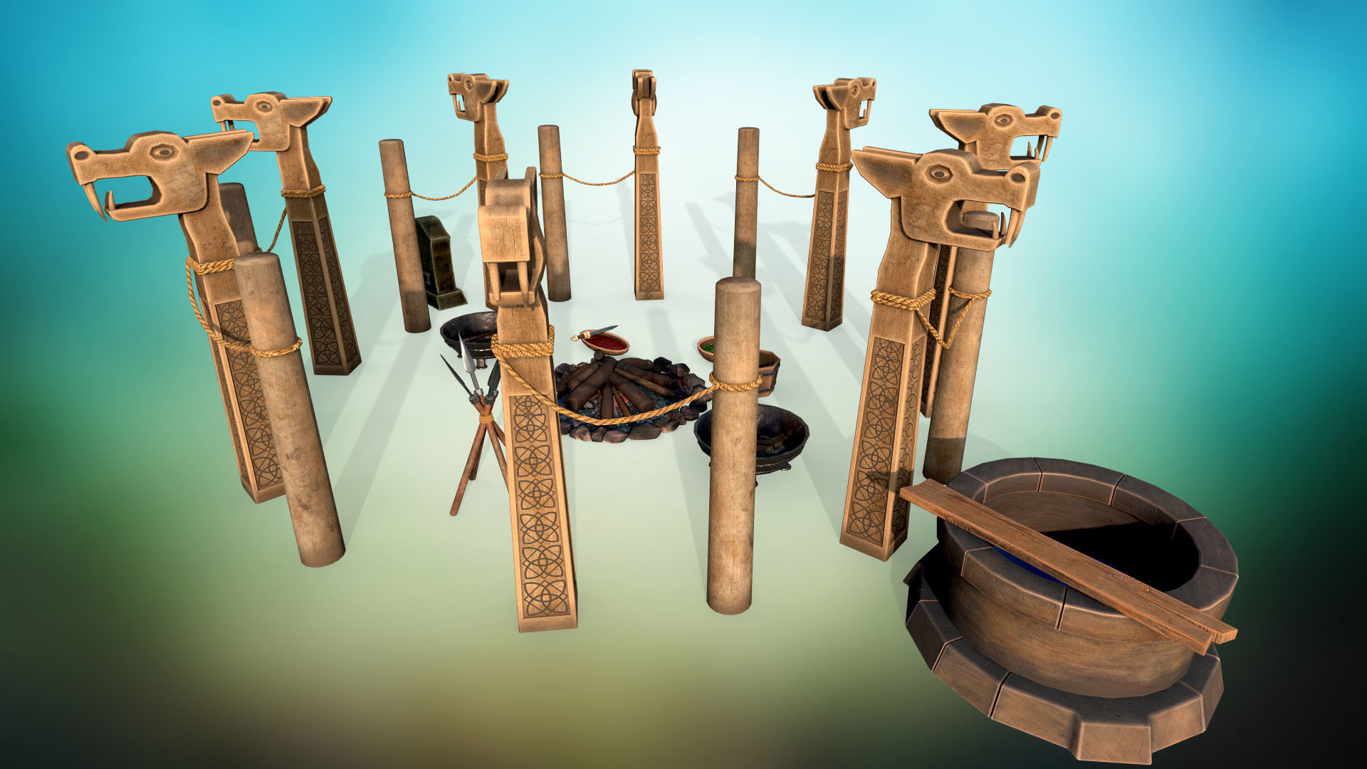 Stylized ritual altar columns bonfire grave sacrificial knife  Low-poly 3D model_2