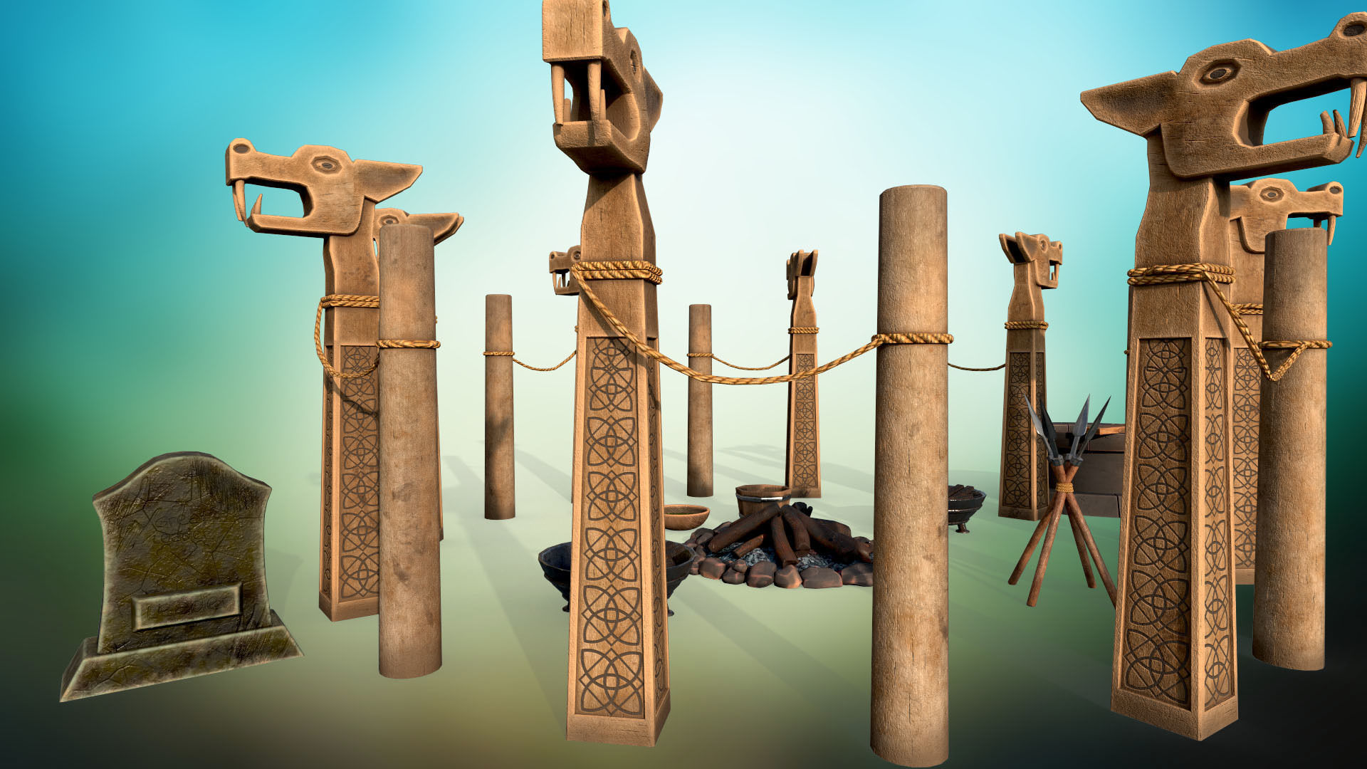 Stylized ritual altar columns bonfire grave sacrificial knife  Low-poly 3D model_1