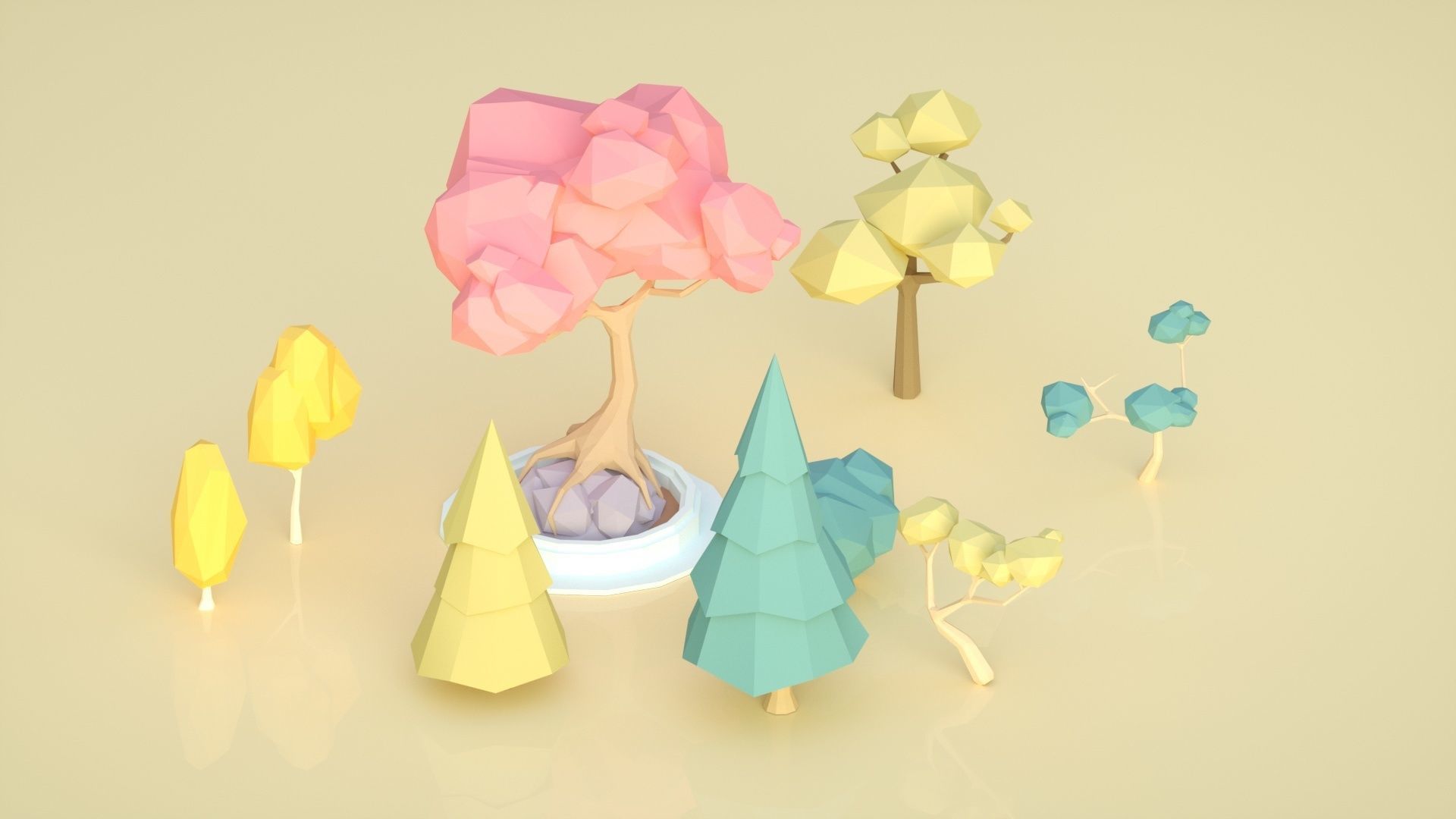 low ploy scene cartoon trees pine trees potted plants 3D model_1