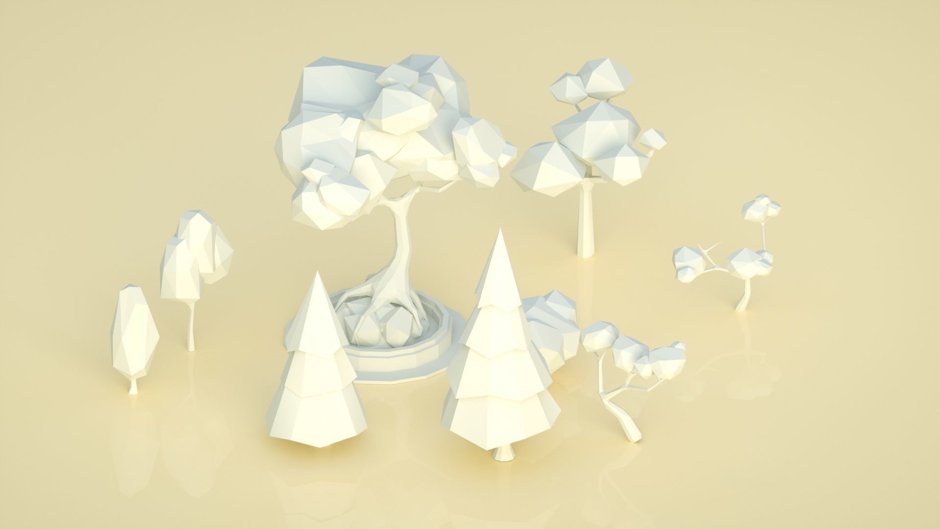 low ploy scene cartoon trees pine trees potted plants 3D model_2