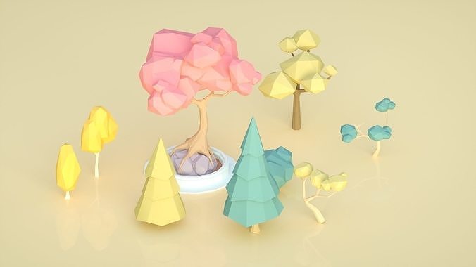low ploy scene cartoon trees pine trees potted plants 3D model